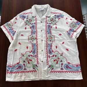 ASOS Men’s White Cotton Short Sleeve Shirt with Paisley Bandana Embroidery XXL